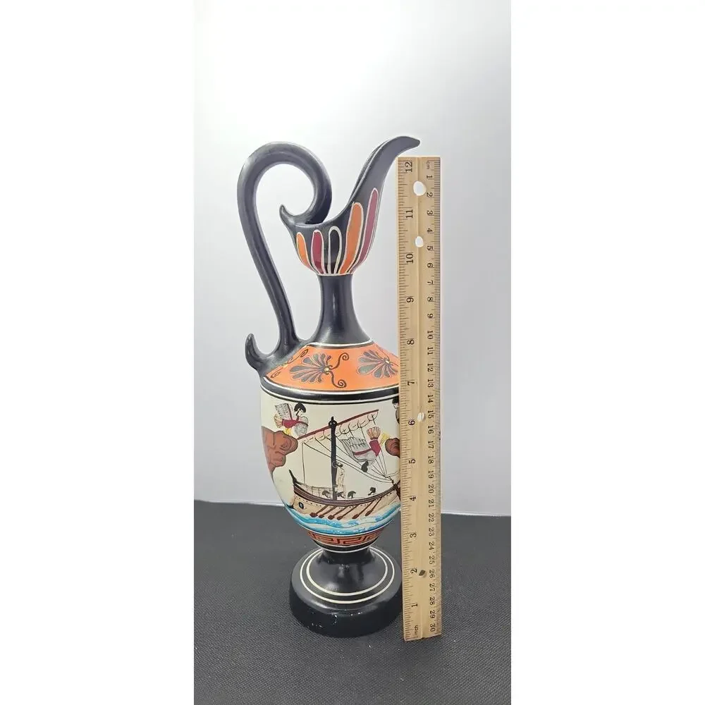 D Vassilopoulos Greek Ewer Vase 12” Hand Painted Greece Ancient Ship Pottery